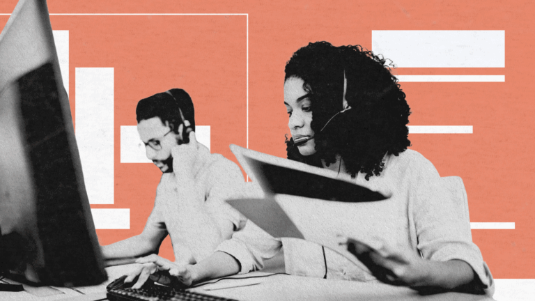 A stylized collage-style image of two call center agents wearing headsets and multitasking—one typing on a keyboard and the other reviewing documents—set against a coral-orange background with abstract white graphic elements. The image conveys a dynamic and focused customer service environment.