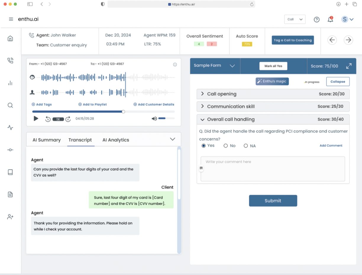 Screenshot of a call quality evaluation platform showing a flagged customer service call where an agent asked for a card’s last four digits and CVV, raising concerns over PCI compliance.