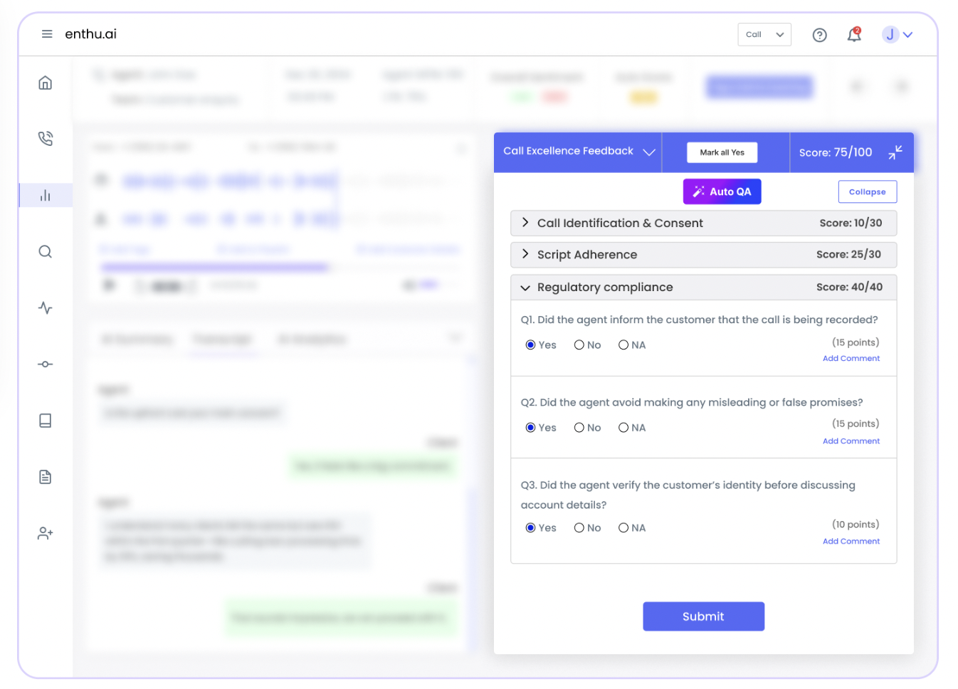 A screenshot of the Enthu.ai dashboard showing a call center quality assurance evaluation form titled "Call Excellence Feedback," with sections like Call Identification, Script Adherence, and Regulatory Compliance. The interface displays individual question scoring, radio button answers, and a final score of 75/100 with an “Auto QA” feature highlighted.