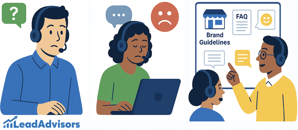 Illustration showing customer service agents struggling with uncertainty and dissatisfaction before receiving guidance through brand guidelines and FAQs. A team leader provides coaching to improve communication and customer experience, branded with the LeadAdvisors logo.