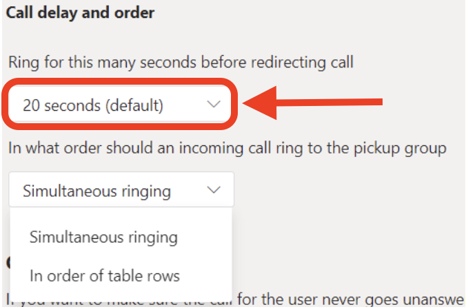 A UI settings screenshot showing call delay and order options for incoming calls. The default ring time is set to 20 seconds before redirection, with a dropdown menu allowing users to choose between simultaneous ringing or sequential order based on table rows.