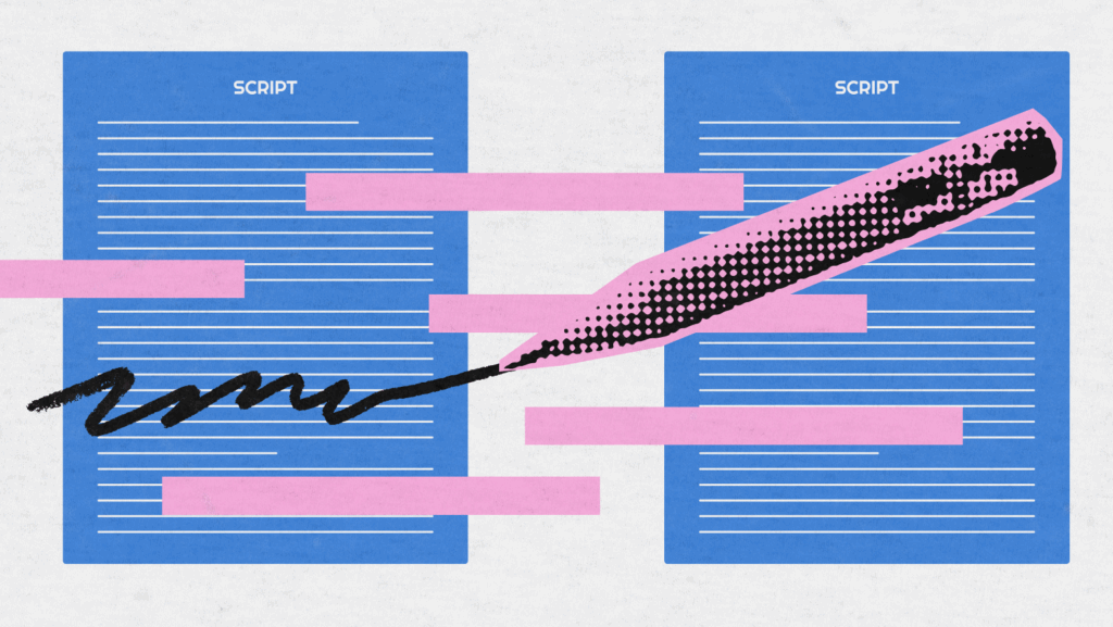 An artistic illustration of two blue call scripts with pink highlighted text bars and a bold, stylized marker making handwritten edits. The image symbolizes script personalization, editing, and emphasis in call center or customer service contexts.