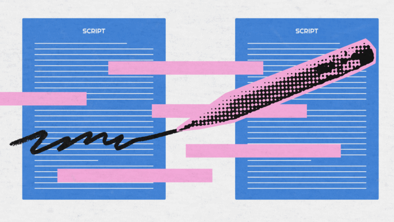 An artistic illustration of two blue call scripts with pink highlighted text bars and a bold, stylized marker making handwritten edits. The image symbolizes script personalization, editing, and emphasis in call center or customer service contexts.
