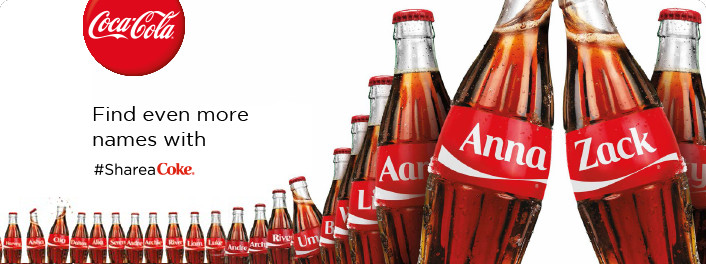 Coca-Cola bottles with popular names like Anna and Zack, part of the “Share a Coke” personalization campaign.