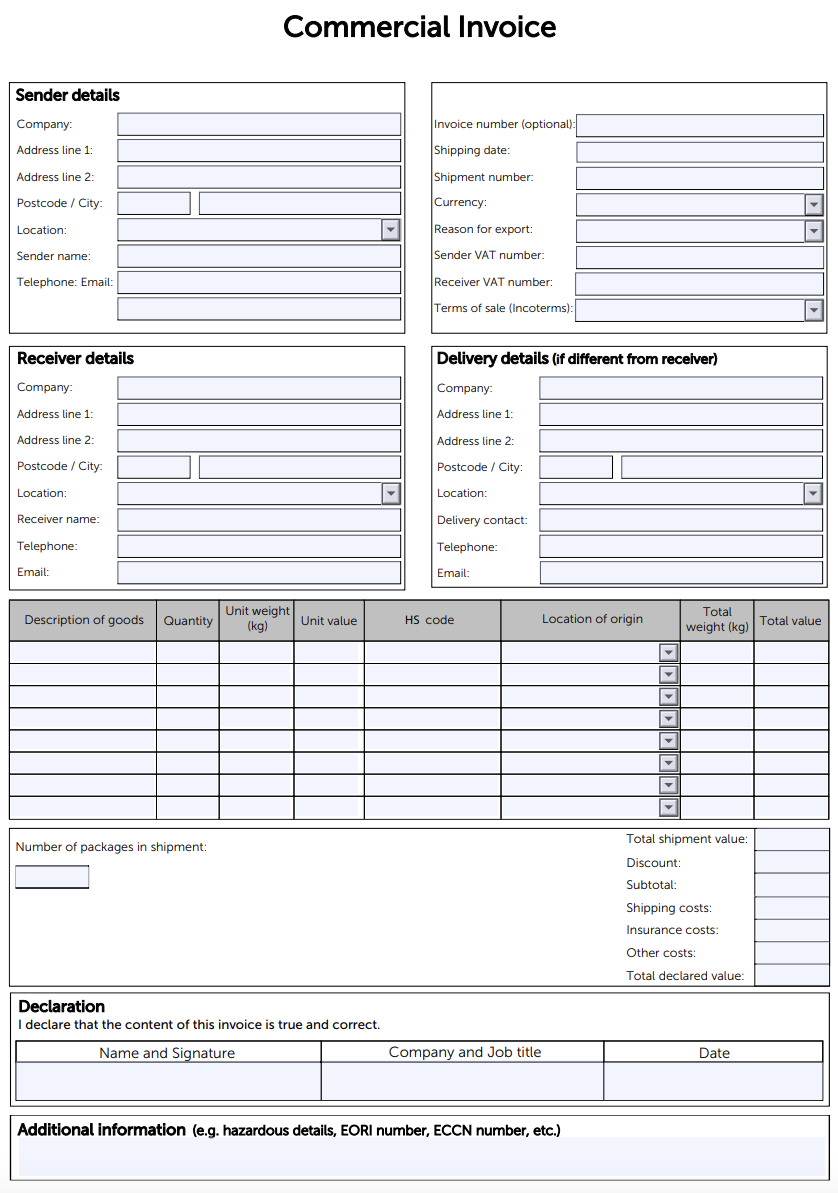 A blank commercial invoice template designed for international shipments, including fields for sender, receiver, and delivery details, shipment data, goods descriptions, HS codes, weights, and values. It also includes sections for declaration, total declared value, and additional regulatory information.