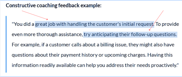A screenshot of a constructive coaching feedback example with key phrases highlighted. The feedback praises handling the customer's initial request and suggests anticipating follow-up questions for improved service.