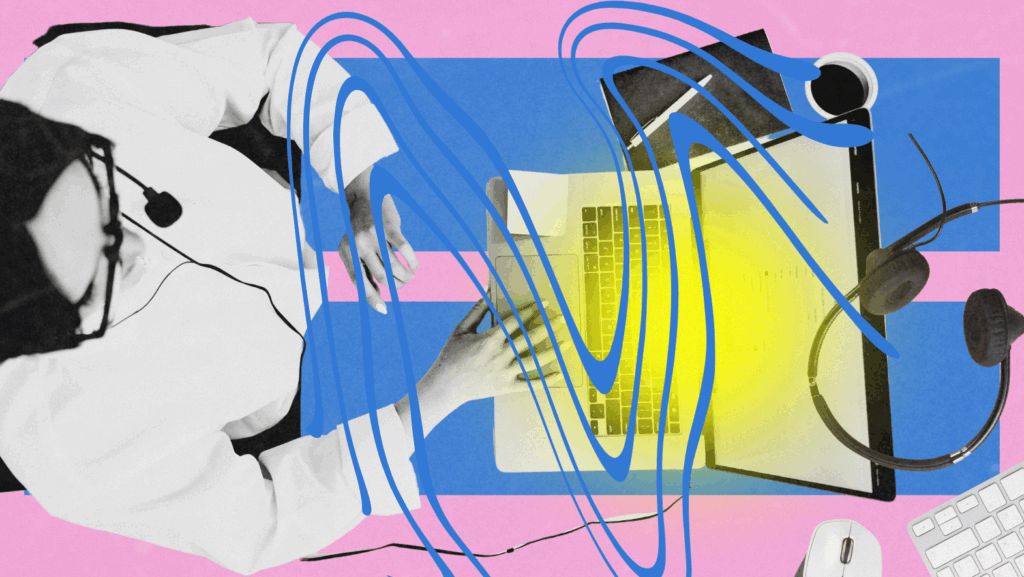 An abstract and colorful digital collage of a call center agent using a laptop, wearing a headset, surrounded by vibrant shapes, with bright yellow light and fluid blue lines conveying energy, communication, and tech-enabled support.