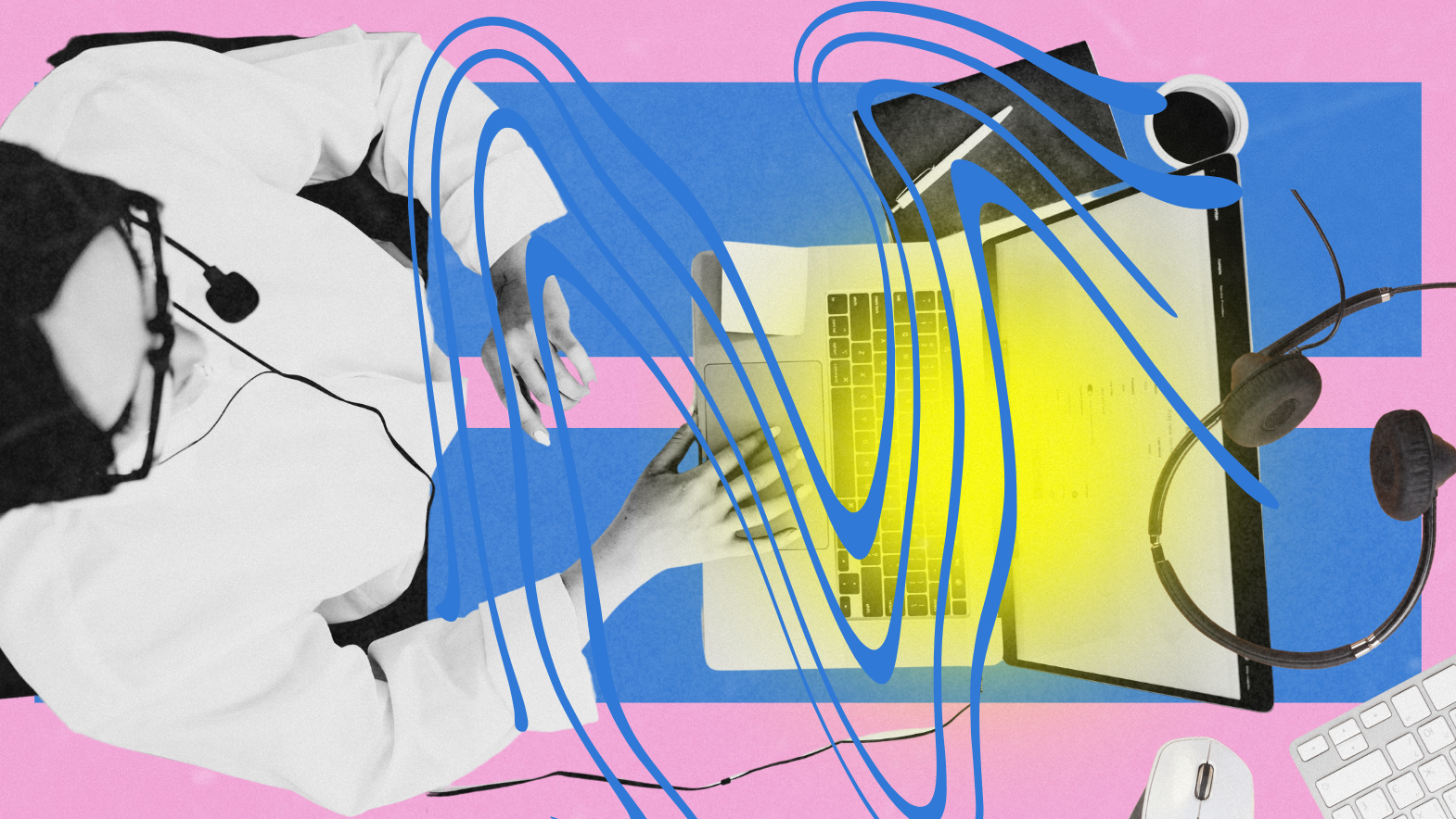 An abstract and colorful digital collage of a call center agent using a laptop, wearing a headset, surrounded by vibrant shapes, with bright yellow light and fluid blue lines conveying energy, communication, and tech-enabled support.