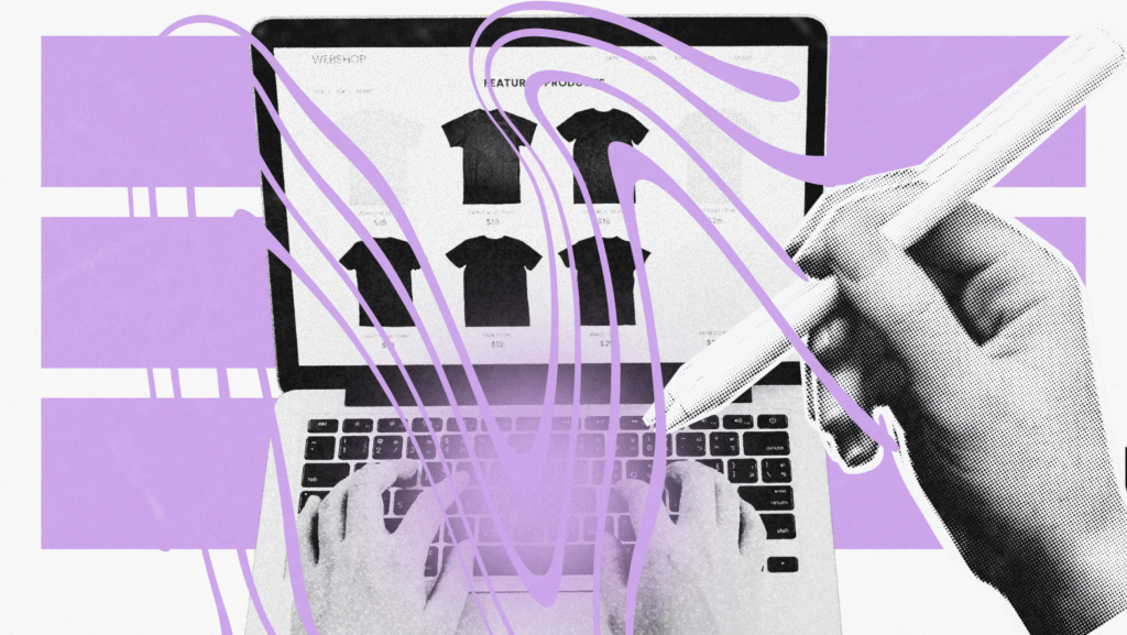 A digitally enhanced collage shows hands typing on a laptop with a t-shirt e-commerce site on screen and a stylized hand drawing over the scene, blending creativity with online shopping. Select 68 more words to run Humanizer.