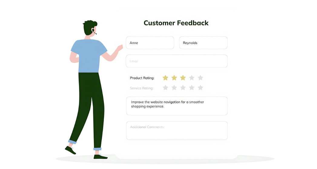 A digital customer feedback form shows a user named Anne Reynolds giving a 3-star product rating and suggesting improved website navigation. A support representative stands beside the form, illustrating real-time customer experience evaluation.