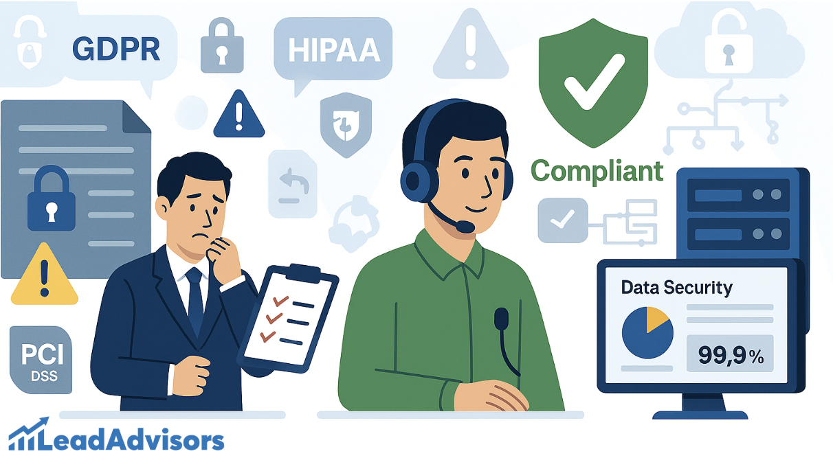Illustration of a compliant call center agent with a headset, showcasing GDPR, HIPAA, and PCI DSS compliance symbols alongside a 99.9% data security rating. The image contrasts a confident agent and a concerned manager reviewing security protocols, branded with the LeadAdvisors logo.
