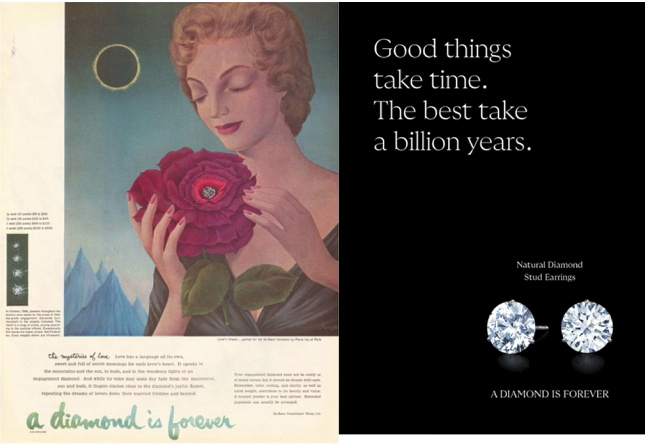 Vintage and modern ads from De Beers’ “A Diamond Is Forever” campaign, promoting diamonds as symbols of eternal love.