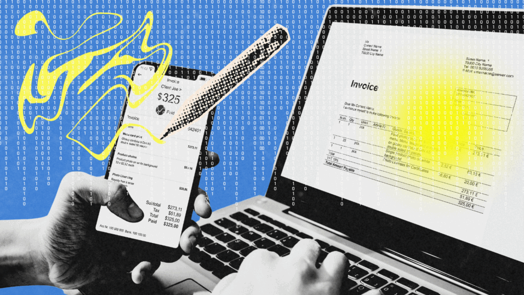 A stylized image showing digital invoicing across mobile and laptop screens, overlaid with binary code and abstract design elements. The phone displays a paid invoice for $325.00 while the laptop shows a corresponding invoice, representing the shift to digital financial workflows.