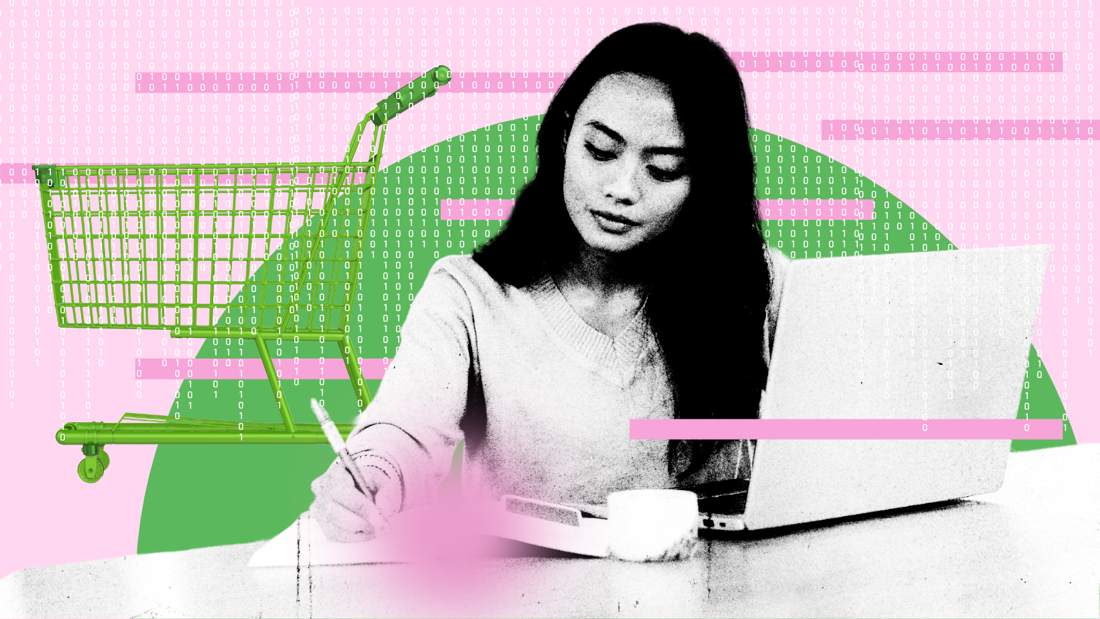 A digitally stylized image of a woman writing notes while working on a laptop, symbolizing online research or e-commerce. Behind her, a green shopping cart is overlaid with binary code and colorful abstract shapes, suggesting data-driven shopping or digital marketing.