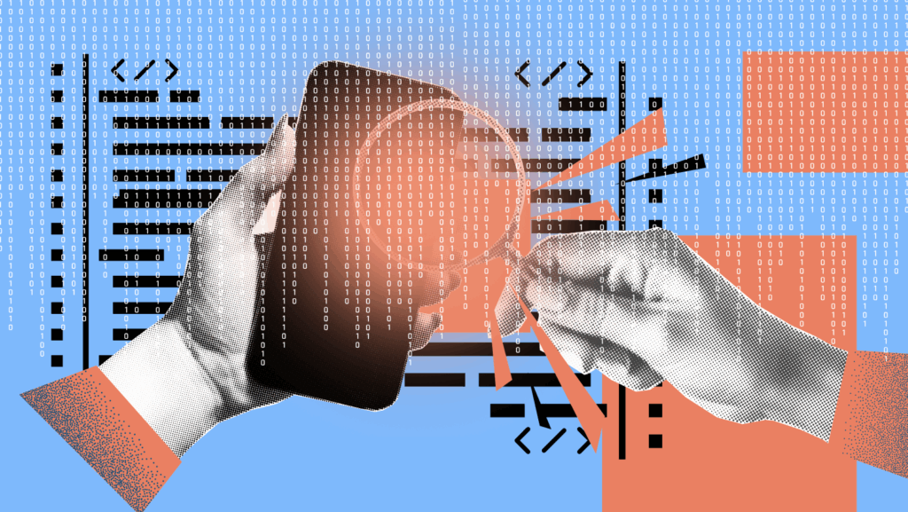 A stylized collage shows hands examining a smartphone with a magnifying glass, layered with binary code and programming symbols, representing digital security and mobile data analysis. Select 74 more words to run Humanizer.