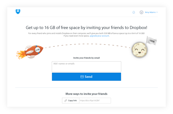 Screenshot of a Dropbox referral program promotion offering up to 16 GB of free space for inviting friends. The visual includes a rocket and moon graphic representing bonus storage progression, with options to send email invites or copy a referral link.