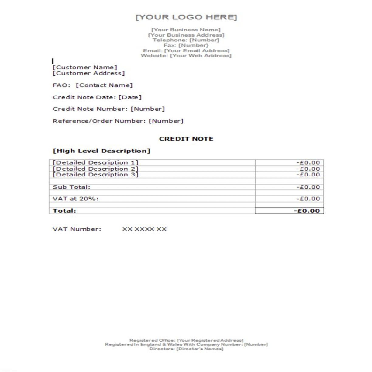 A blank credit note template featuring placeholder text for company, customer, and transaction details, with a line-item breakdown and VAT at 20%, totaling -£0.00. The layout includes editable sections for descriptions, order numbers, and VAT number.