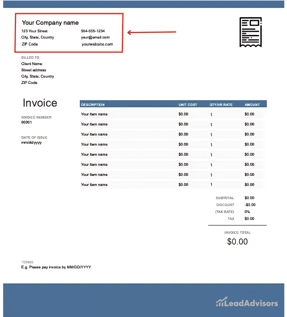 An editable invoice template with placeholder fields for company name, contact details, client address, item names, costs, and payment terms. A red arrow highlights the company contact section, and the invoice total is set at $0.00 with mock item lines.