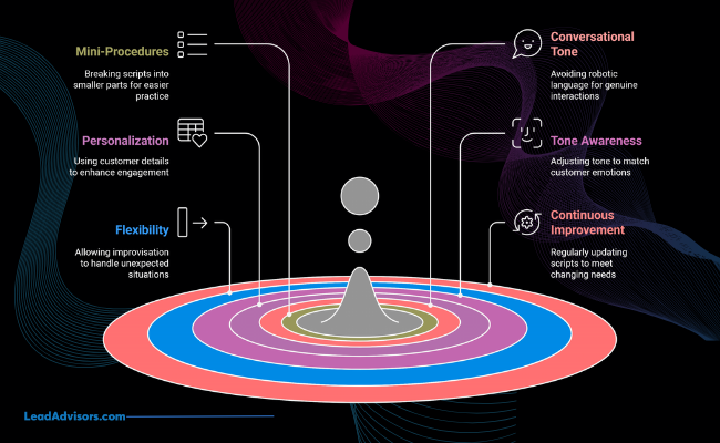 A colorful infographic from LeadAdvisors outlining key elements of effective call coaching, such as mini-procedures, personalization, flexibility, conversational tone, tone awareness, and continuous improvement. The visual uses a layered ring design to emphasize core coaching strategies for improving call center training.