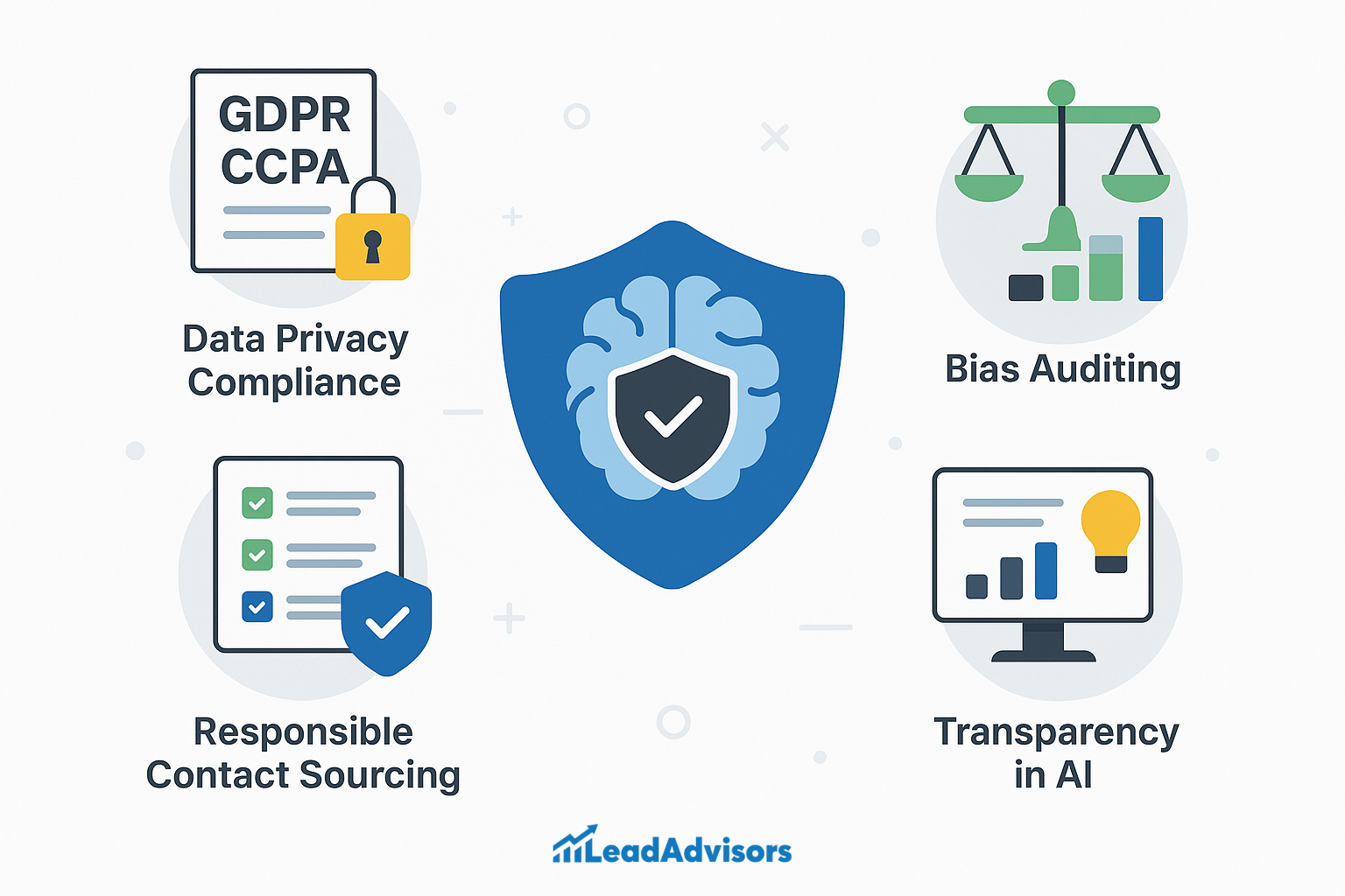 An infographic from LeadAdvisors outlining ethical AI standards, including data privacy compliance (GDPR/CCPA), responsible contact sourcing, bias auditing, and transparency in AI. A central shield-brain icon represents secure and trustworthy AI use.