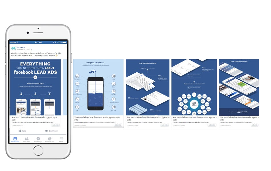 Example of Facebook Carousel and Lead Ads displaying multiple panels and an iPhone screen showcasing interactive ad features.