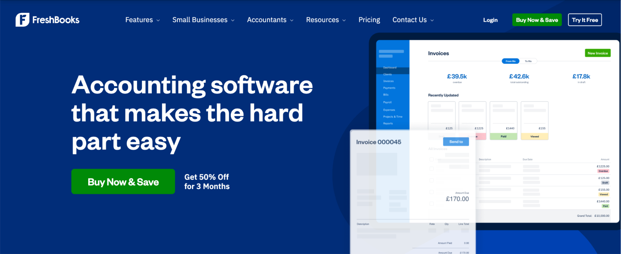 FreshBooks homepage promoting accounting software with a bold tagline "Accounting software that makes the hard part easy" alongside a digital dashboard preview showing invoice statuses, payment tracking, and totals. Buttons for "Buy Now & Save" and "Try It Free" are also featured prominently in the navigation.