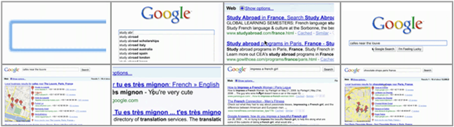 Screenshots of Google search queries telling a romantic story in the “Parisian Love” campaign, showing how love unfolds through search.