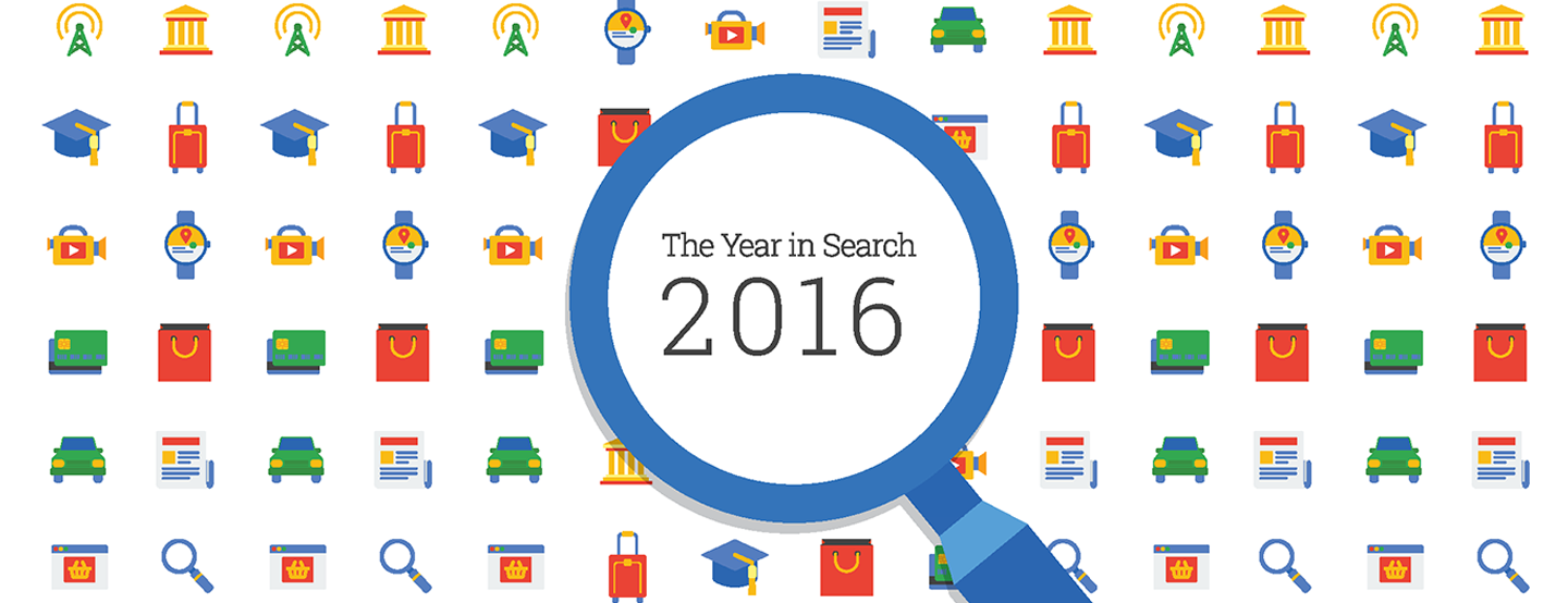 Illustration of colorful icons and a magnifying glass highlighting “The Year in Search 2016” from Google’s annual search trends video campaign.