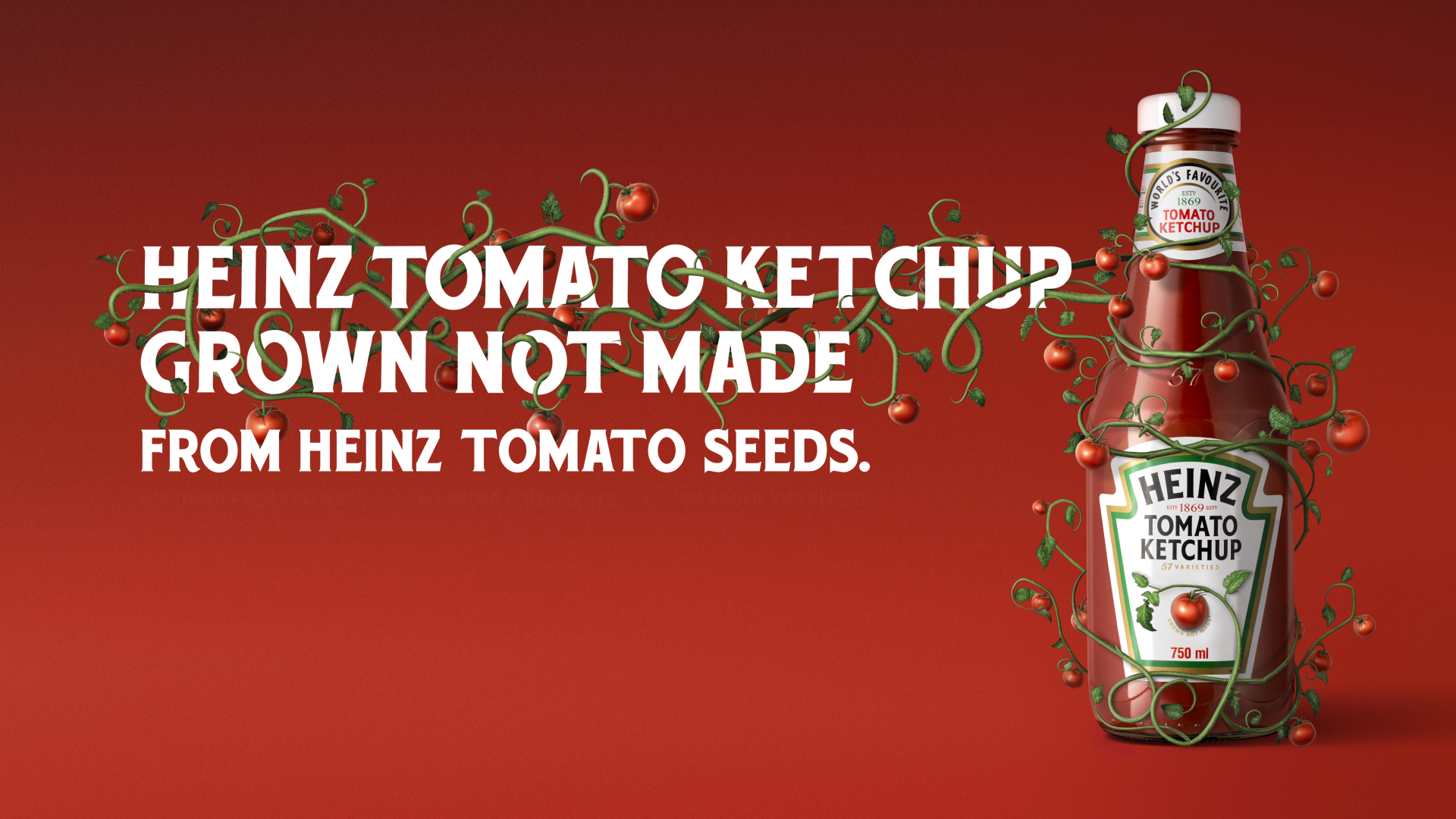 Heinz ketchup bottle surrounded by tomato vines on a red background with the slogan “Grown, Not Made.”