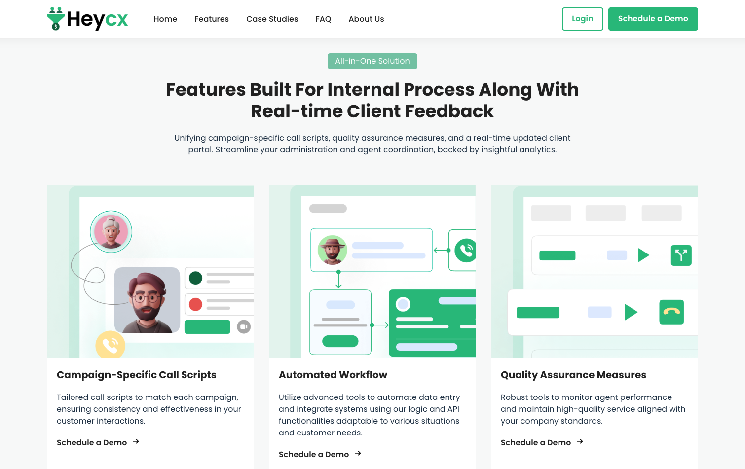 A website section from HeyCX showcasing its internal solutions, including campaign-specific call scripts, automated workflow tools, and quality assurance measures. Each feature is visually represented with custom graphics and short descriptions, emphasizing streamlined client communication and agent coordination.