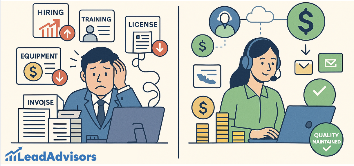 A stressed business owner faces rising in-house call center costs—hiring, equipment, training, and licensing—while an outsourced agent operates efficiently with quality maintained and lower expenses. The image contrasts operational challenges and cost savings, branded with the LeadAdvisors logo.