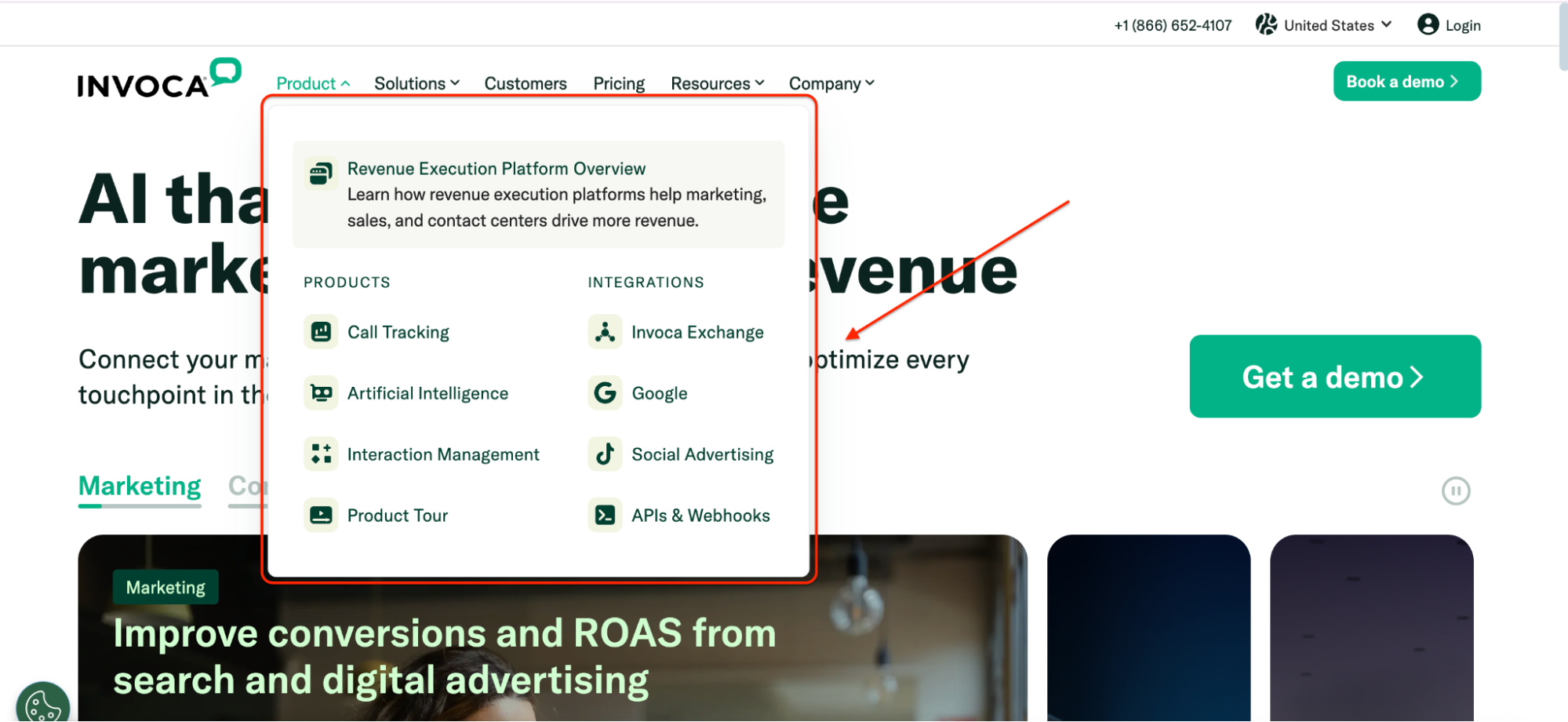 Screenshot of Invoca's website showing a dropdown menu listing Revenue Execution Platform features like Call Tracking, AI, and integrations with Google and TikTok for marketing optimization.