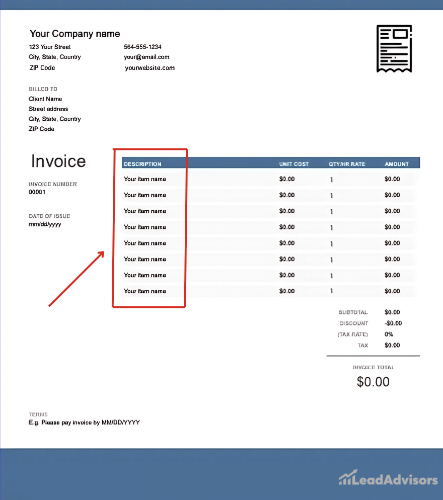 An invoice template with placeholder entries and a red arrow pointing to the "Description" column, which lists generic item labels like "Your item name." The layout includes company details, subtotal, tax, discount, and a total of $0.00, with the LeadAdvisors logo at the bottom.