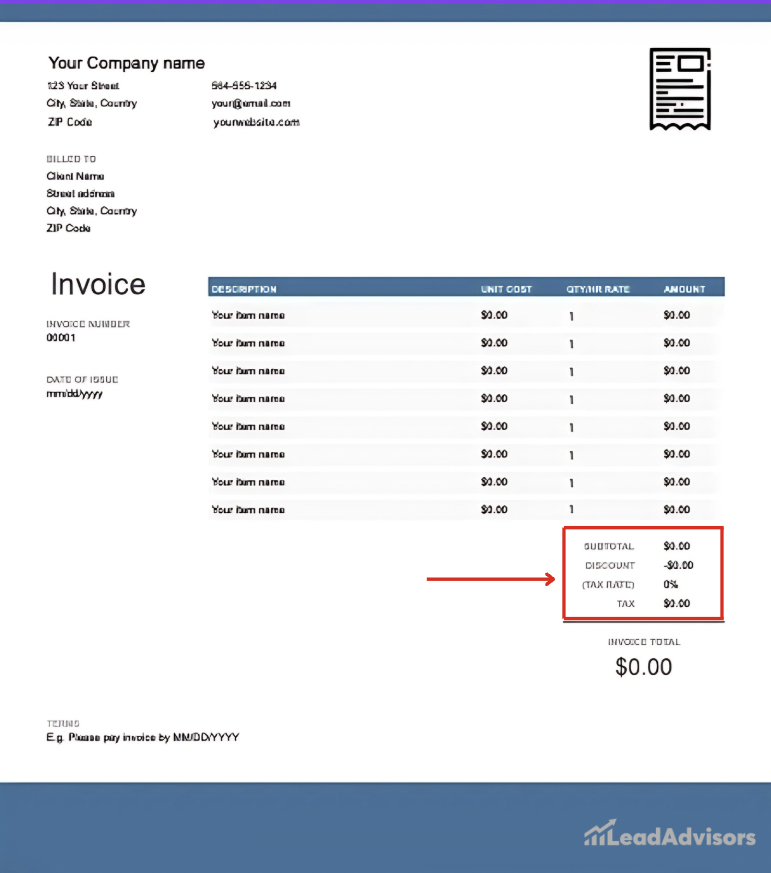 Invoice template mockup featuring placeholder data and a red arrow pointing to the tax and discount summary box. The section outlines a subtotal of $0.00, a 0% tax rate, and a $0.00 discount, leading to a total invoice value of $0.00.