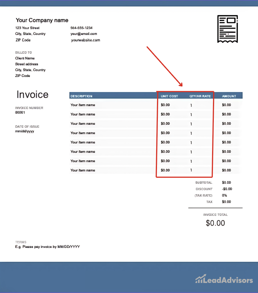 An editable invoice template with a red arrow emphasizing the “Unit Cost” and “Qty/Hr Rate” columns. Each line item lists a placeholder cost of $0.00 and a quantity of 1, with a total invoice value of $0.00, branded with the LeadAdvisors logo.