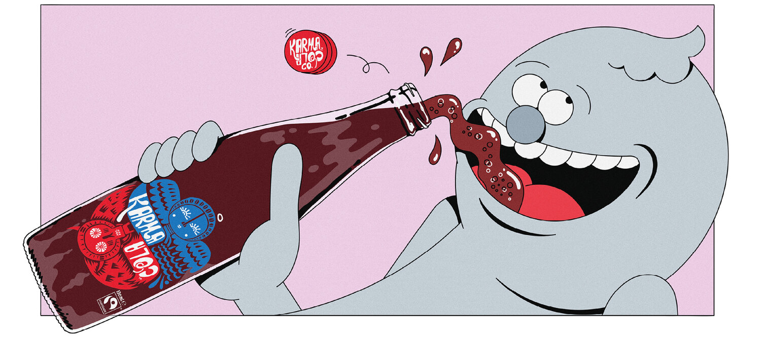 Animated character drinking from a bottle of Karma Cola in a playful illustrated brand video that highlights ethical sourcing.