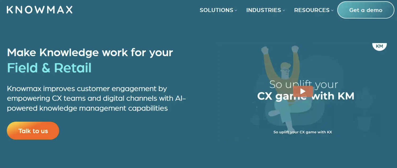 Knowmax homepage banner promoting AI-powered knowledge management tools to enhance customer engagement for field and retail CX teams, with a CTA to “Talk to us” and a demo video.