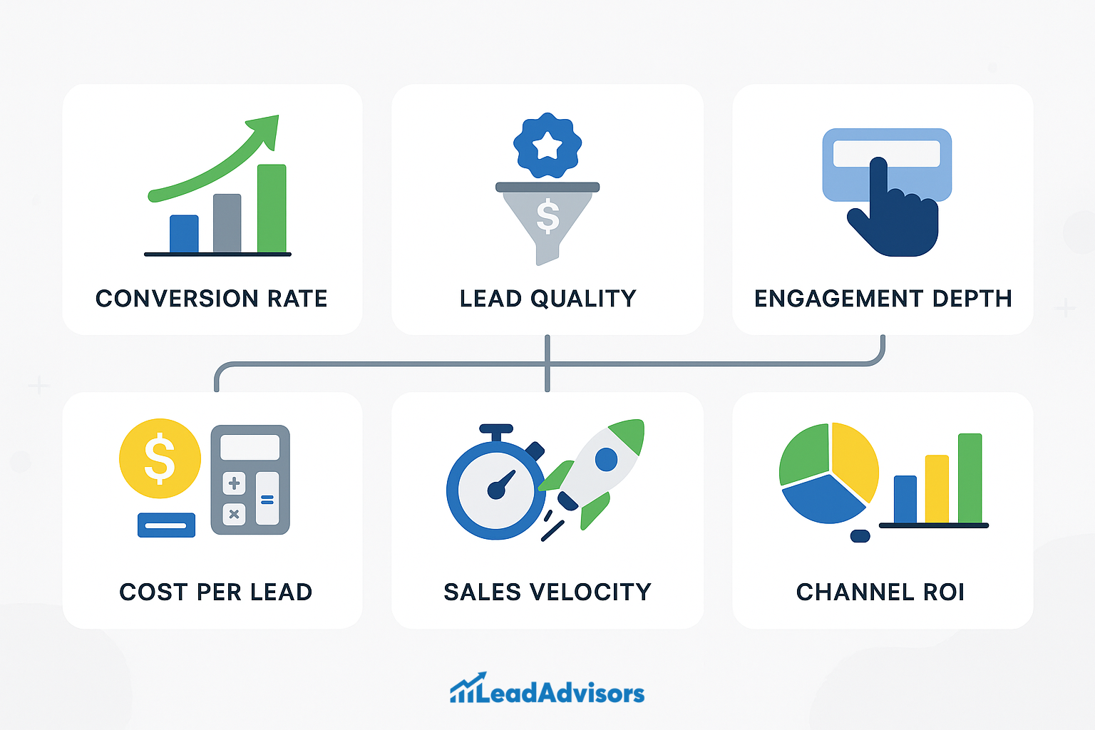 An infographic by LeadAdvisors highlighting six key lead generation metrics: conversion rate, lead quality, engagement depth, cost per lead, sales velocity, and channel ROI. Each metric is represented with a custom icon for visual clarity and strategic tracking.