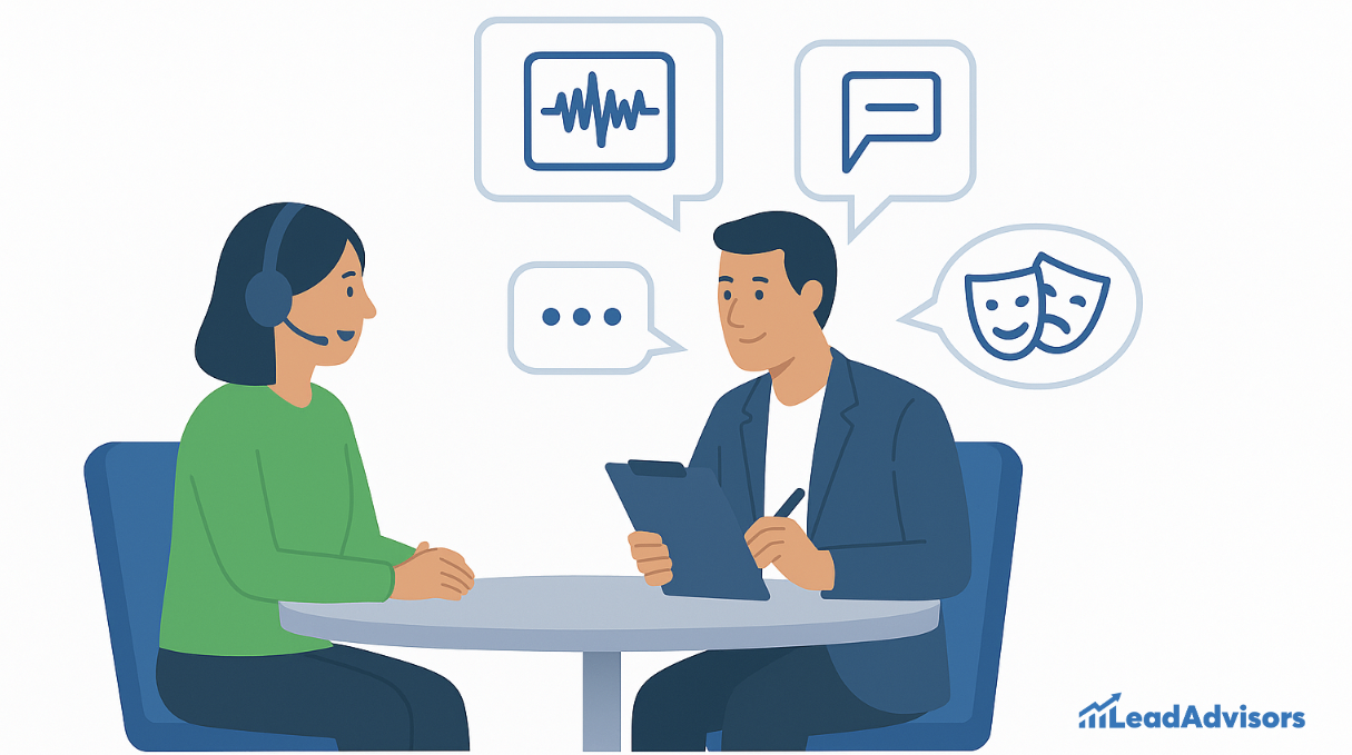 A female call center agent and a male evaluator sit at a round table discussing feedback, with speech bubbles showing voice analysis, chat, and emotion icons. The evaluator holds a clipboard and pen, while both participants appear engaged in a constructive performance review session branded by LeadAdvisors.
