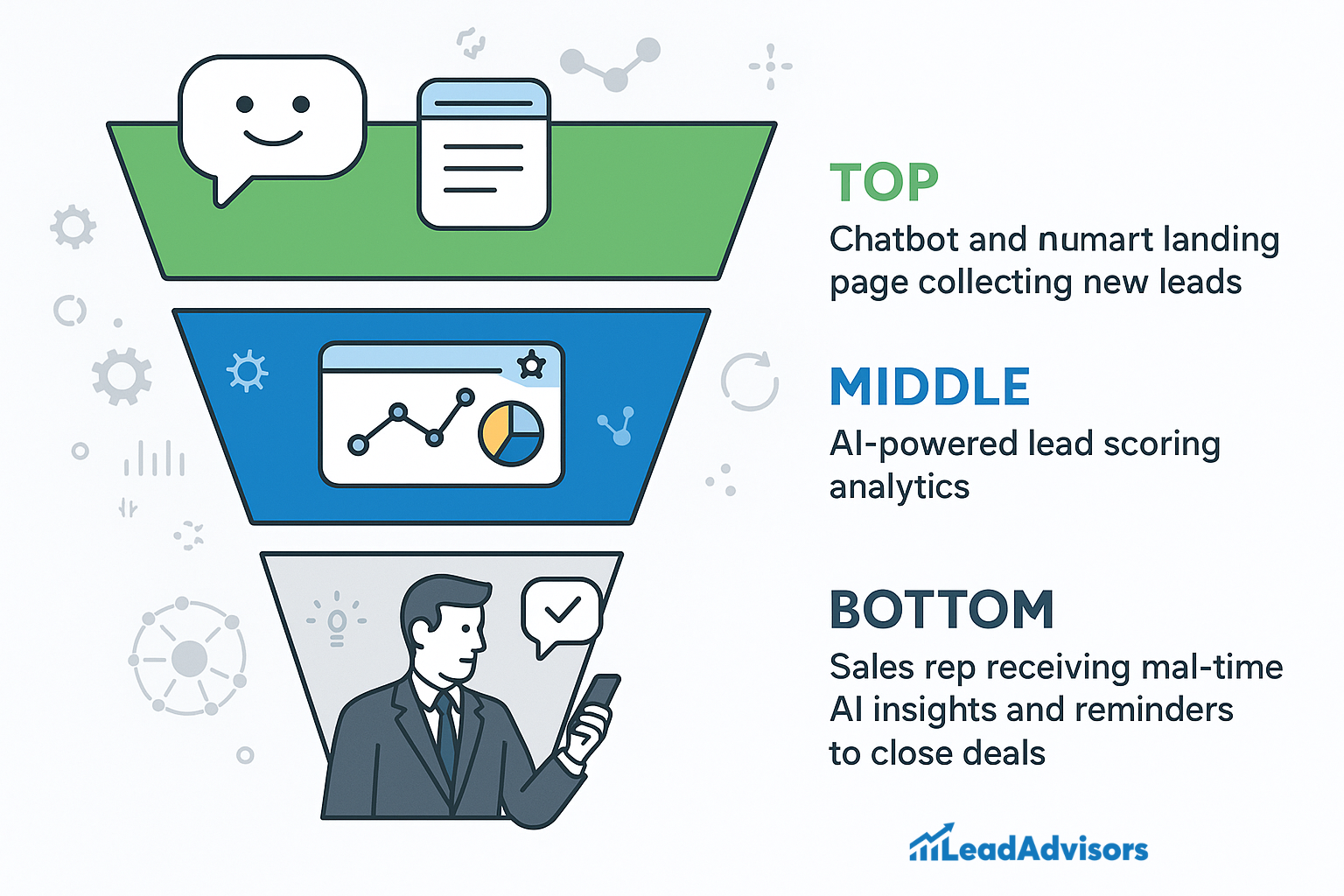 A visual representation of LeadAdvisors’ AI-driven sales funnel, showing three stages: top funnel with chatbot and landing page for lead generation, middle funnel with AI-powered lead scoring, and bottom funnel with a sales rep using real-time AI insights to close deals.