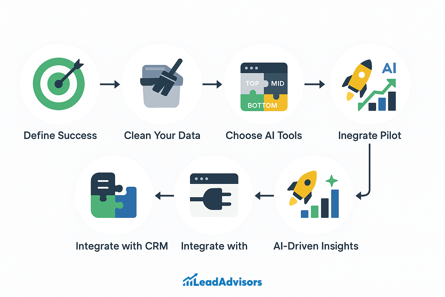 A LeadAdvisors infographic outlining a step-by-step AI integration process: starting with defining success, cleaning data, choosing AI tools, and piloting, followed by CRM and tool integration, leading to continuous AI-driven insights and performance optimization.