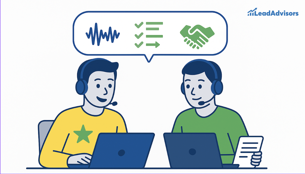 An illustration of two call center agents from LeadAdvisors wearing headsets and working on laptops while exchanging feedback or training. A shared speech bubble above them contains icons representing voice analysis, task completion, and successful collaboration through a handshake symbol.