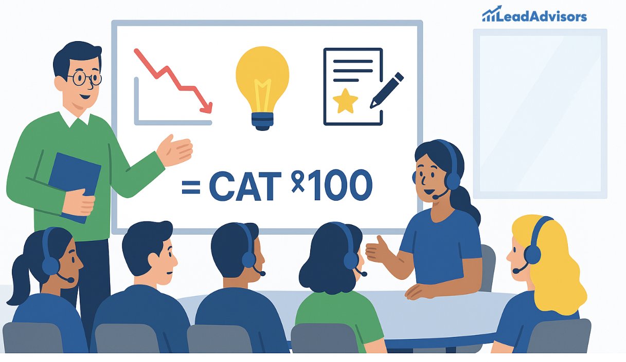 An illustrated training session at LeadAdvisors with a facilitator presenting the CAT (Coaching Action Tracker) formula on a whiteboard to a group of call center agents. The board features icons for performance decline, ideas, and action items, while agents with headsets actively participate in the session.