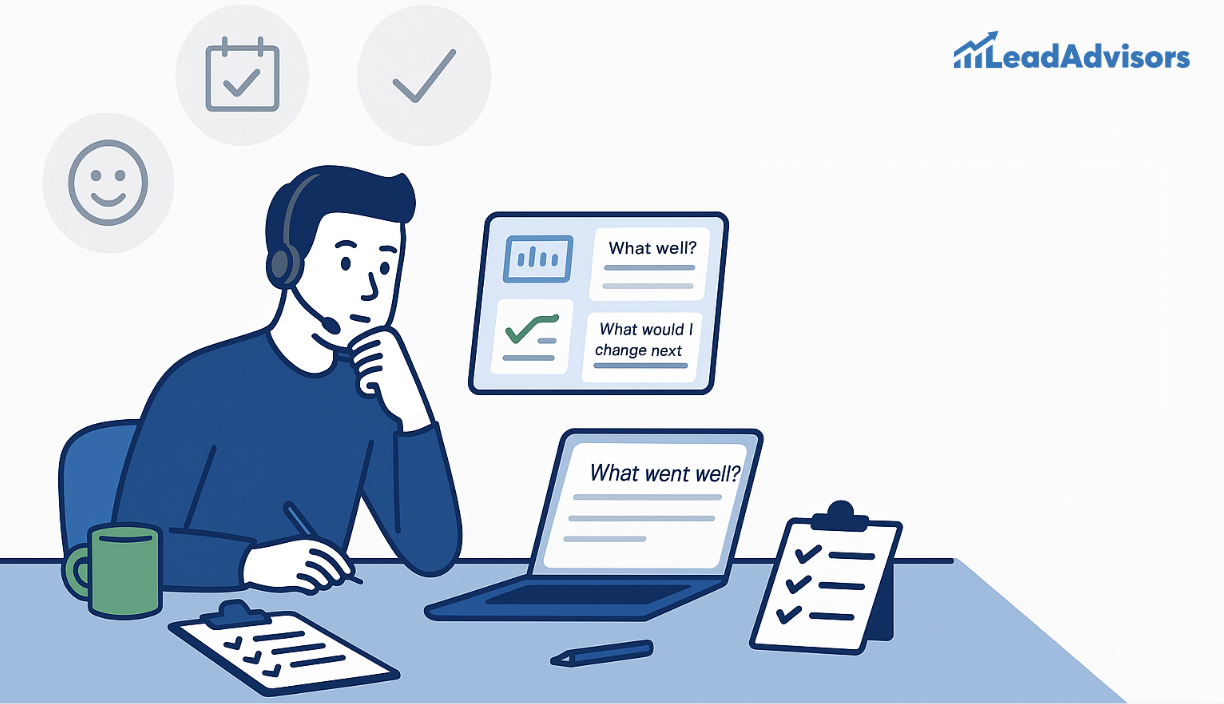 An illustrated call center agent wearing a headset reflects on performance metrics and feedback prompts like "What went well?" and "What would I change next?" while surrounded by icons representing satisfaction, task completion, and evaluations. The scene features branded elements from LeadAdvisors, along with clipboards, charts, and a laptop.