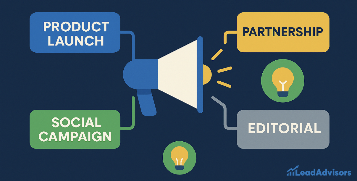 Illustration of a megaphone representing marketing amplification with labeled callouts for "Product Launch," "Social Campaign," "Partnership," and "Editorial," symbolizing strategic communication pillars. Designed by LeadAdvisors.