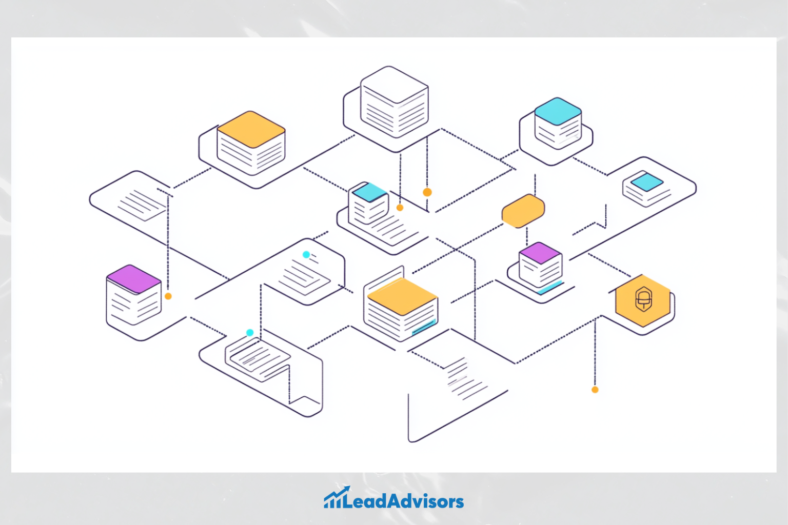 A stylized network diagram by LeadAdvisors illustrating interconnected data nodes, documents, and storage units linked through a web of dotted lines, representing data flow and infrastructure in a digital ecosystem. Various icons and color-coded elements suggest categories or workflows.