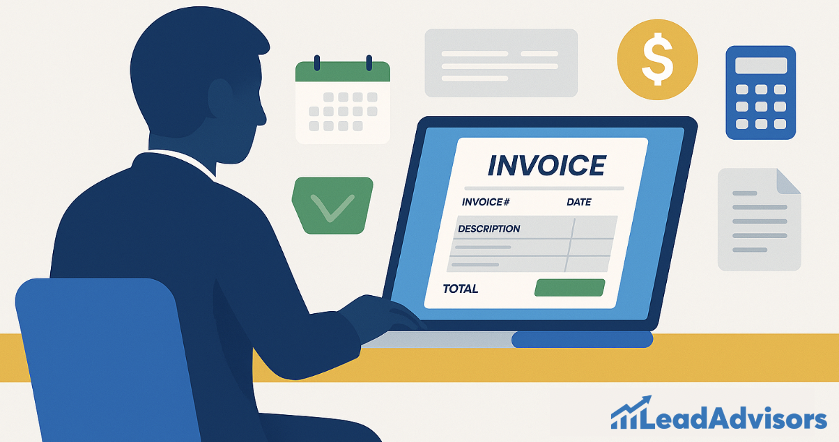 An illustration of a person using a laptop to fill out a digital invoice form, with surrounding icons for scheduling, calculations, and payment processing. The scene highlights the ease of online invoicing and client billing, branded with the LeadAdvisors logo.