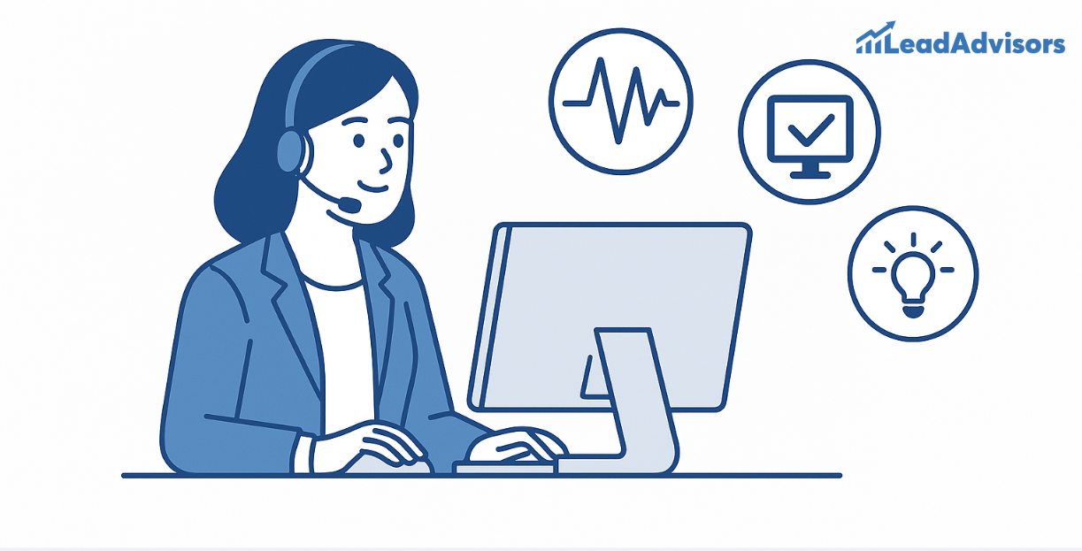 A cartoon-style illustration of a female call center agent from LeadAdvisors wearing a headset and working at a desktop computer. Surrounding icons represent analytics, system checks, and idea generation, highlighting themes of performance, quality assurance, and innovation in customer support.