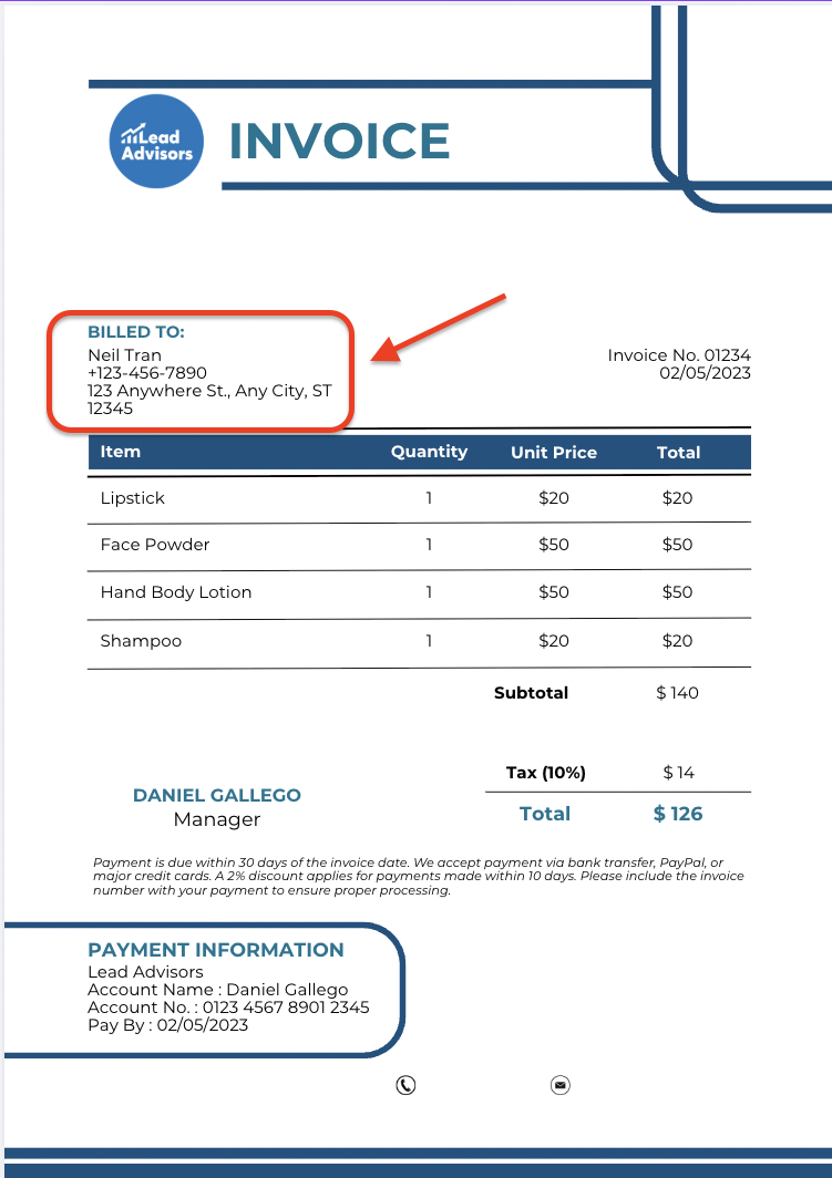 A LeadAdvisors invoice with a red arrow highlighting the "Billed To" section addressed to Neil Tran at 123 Anywhere St., Any City, ST. The invoice includes a list of purchased items, total of $126, and payment instructions with a due date of 02/05/2023.