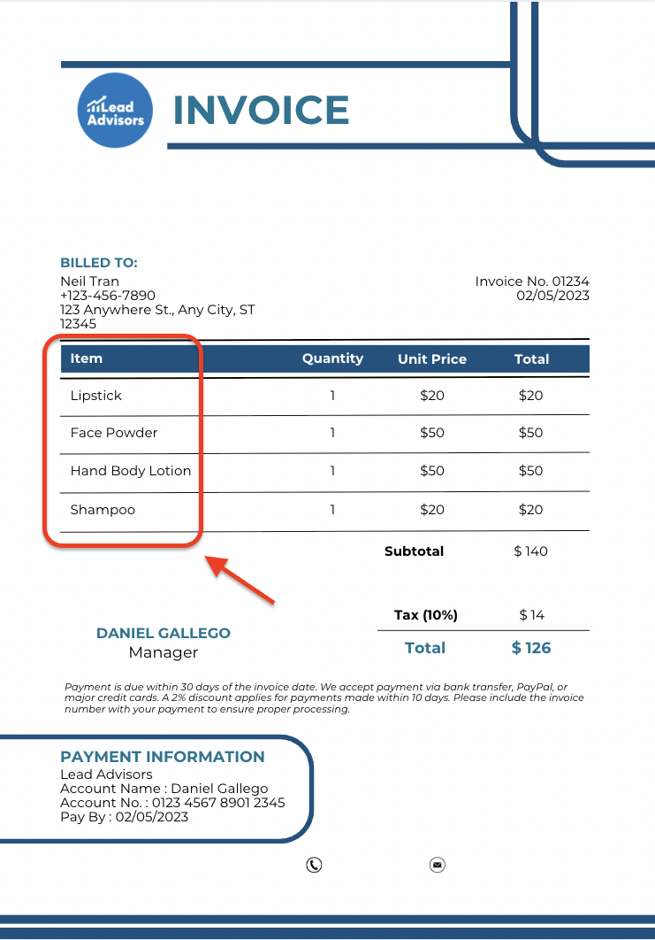 A LeadAdvisors invoice with a red box and arrow emphasizing the “Item” column, listing products such as Lipstick, Face Powder, Hand Body Lotion, and Shampoo. The invoice totals $126 with tax included and includes client details, payment terms, and account information.